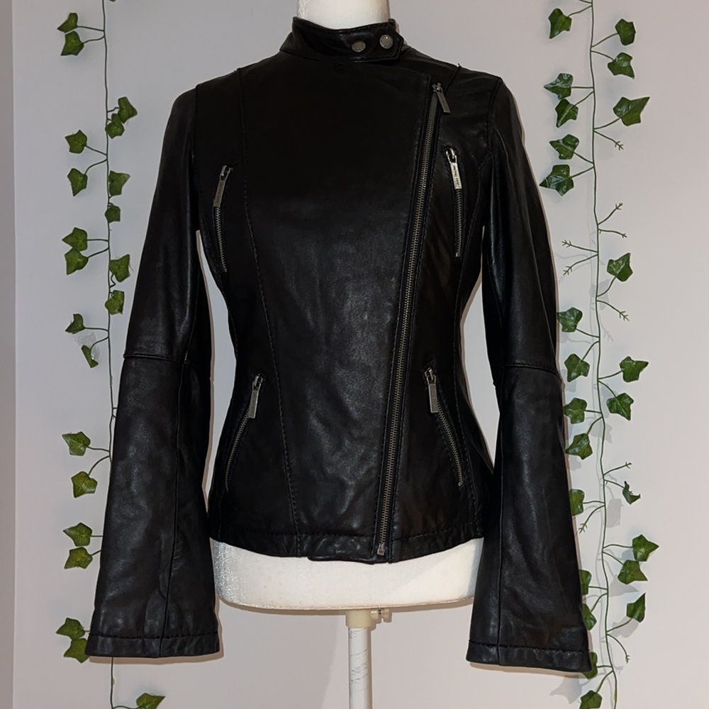Women's Michael Kors Black Leather Zip Jacket XS - Picture 9 of 16